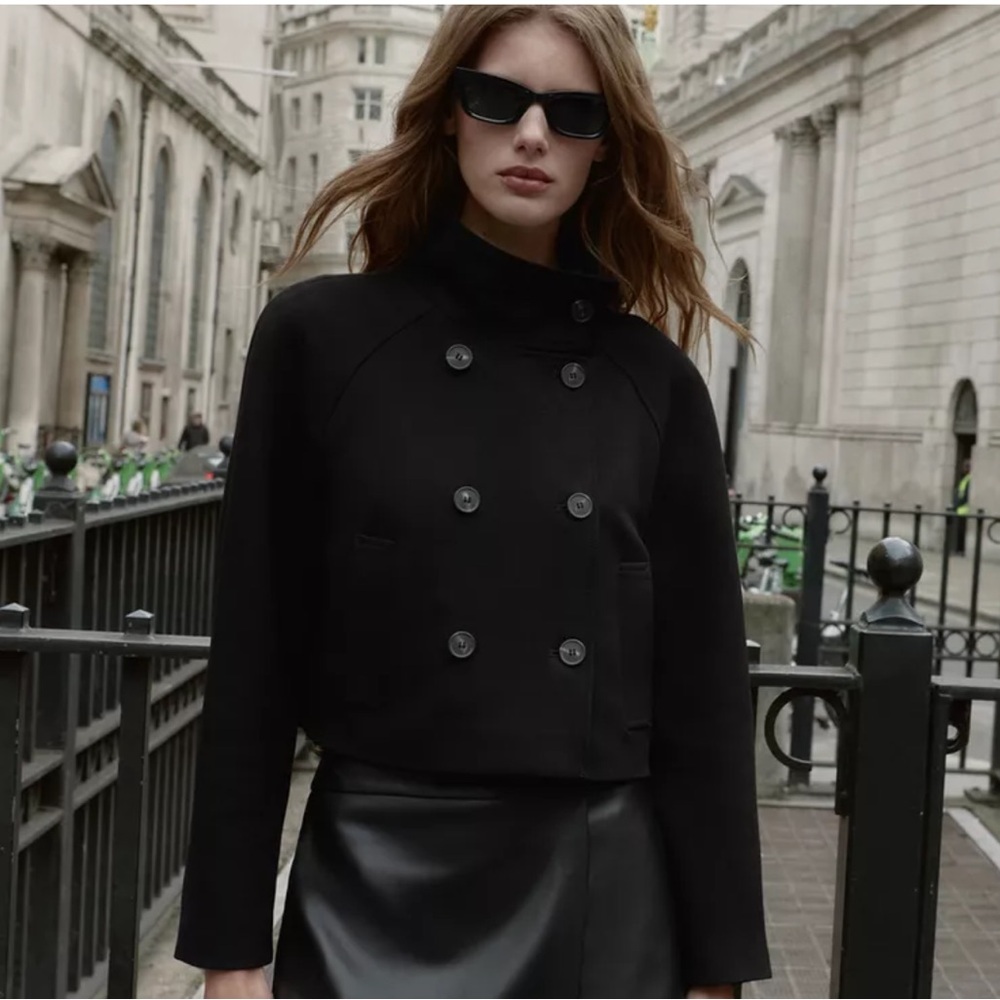 Zara Double-Breasted Cropped Wool Blend Coat